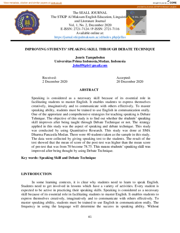 Pdf Improving Students Speaking Skill Through Debate Technique