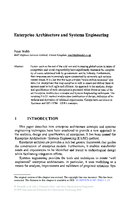 (PDF) Enterprise Architecture and Systems Engineering
