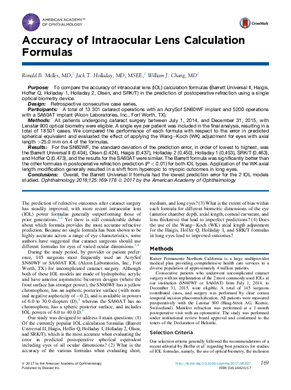(PDF) Accuracy of Intraocular Lens Calculation Formulas Zaina al
