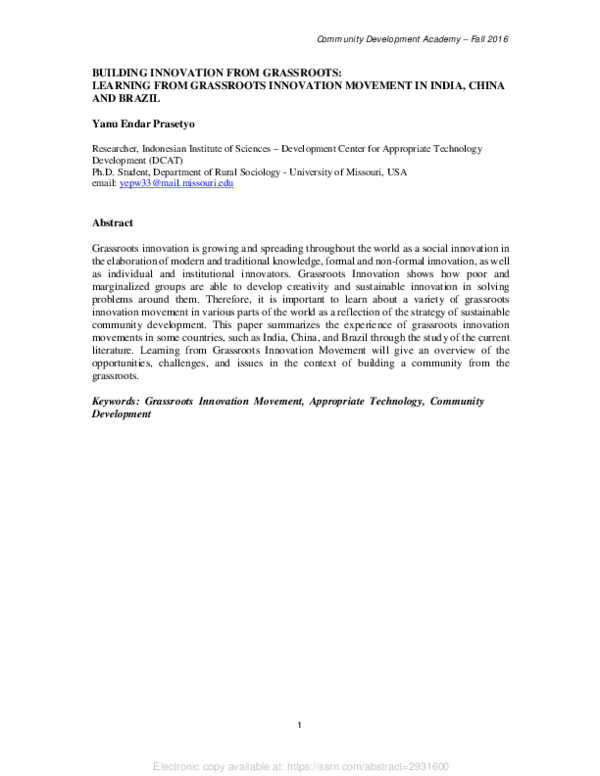 (PDF) Building Innovation from Grassroots: Learning from Grassroots ...
