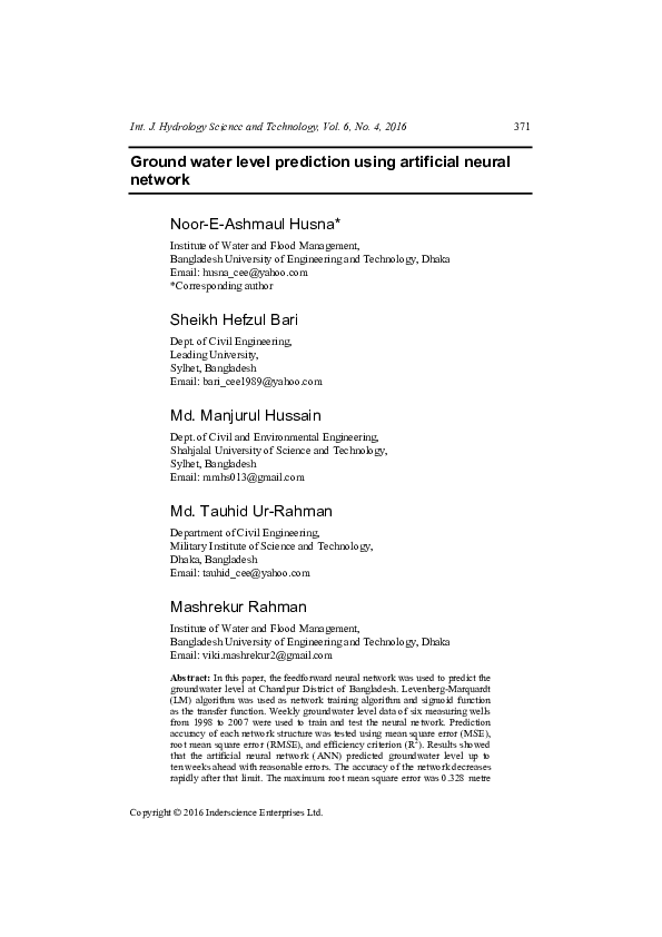 (PDF) Ground water level prediction using artificial neural network