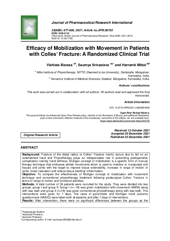 (PDF) Efficacy of Mobilization with Movement in Patients with Colles ...