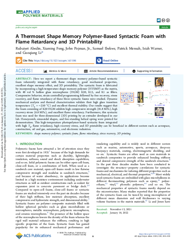 (PDF) A Thermoset Shape Memory Polymer-Based Syntactic Foam with Flame ...