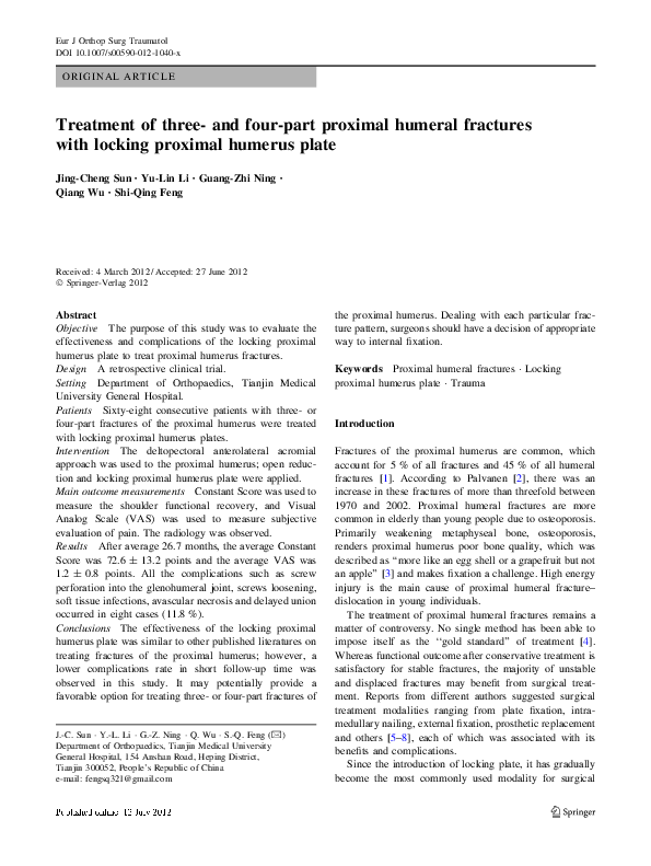 (PDF) Treatment of three- and four-part proximal humeral fractures with ...