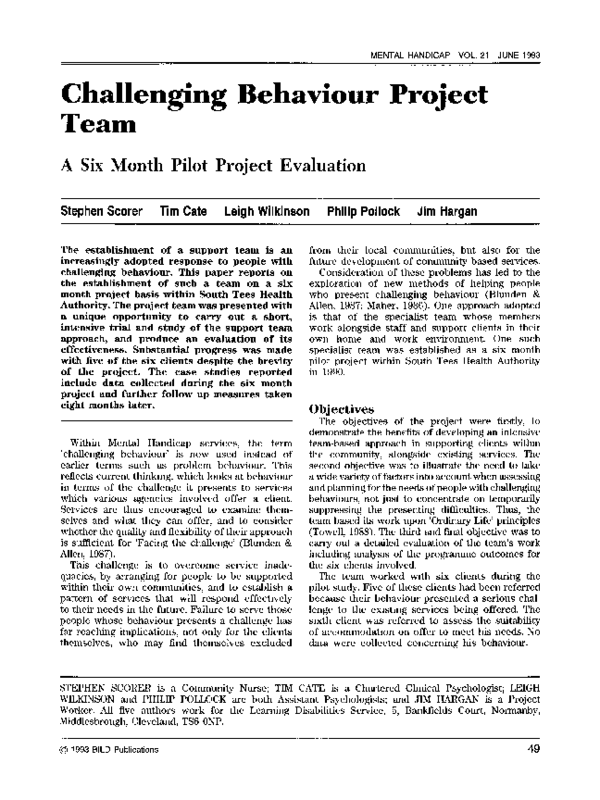(PDF) Challenging Behaviour Project Team: A Six Month Pilot Project ...