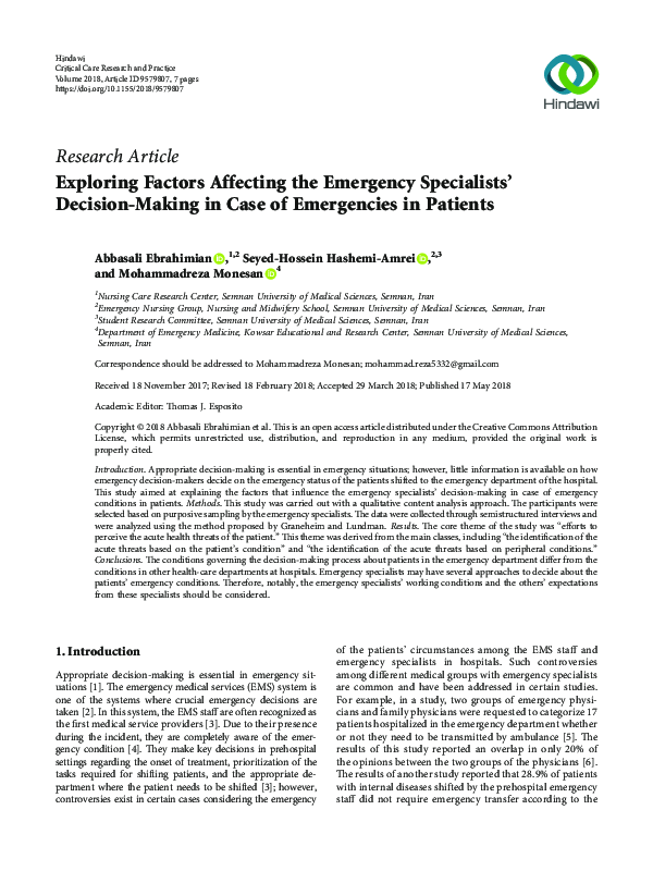 (PDF) Exploring Factors Affecting the Emergency Specialists’ Decision ...