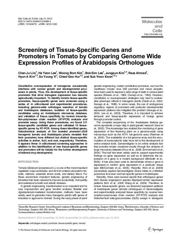 (PDF) Screening of tissue-specific genes and promoters in tomato by ...