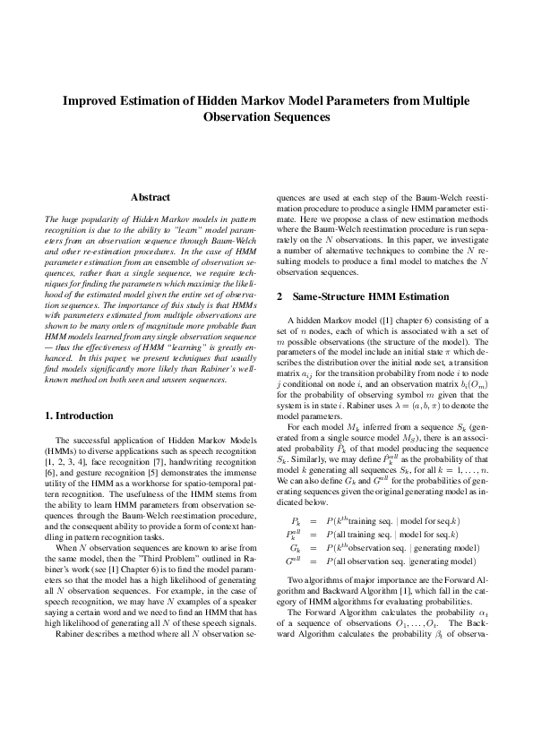 (PDF) Improved estimation of hidden Markov model parameters from ...