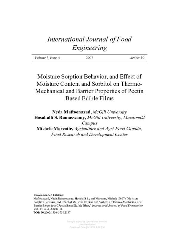 (PDF) Moisture Sorption Behavior, and Effect of Moisture Content and