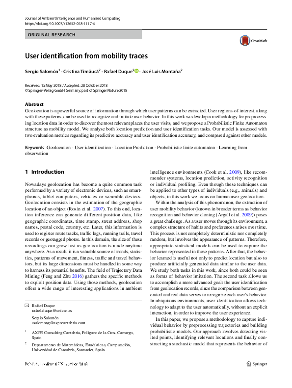 (PDF) User identification from mobility traces