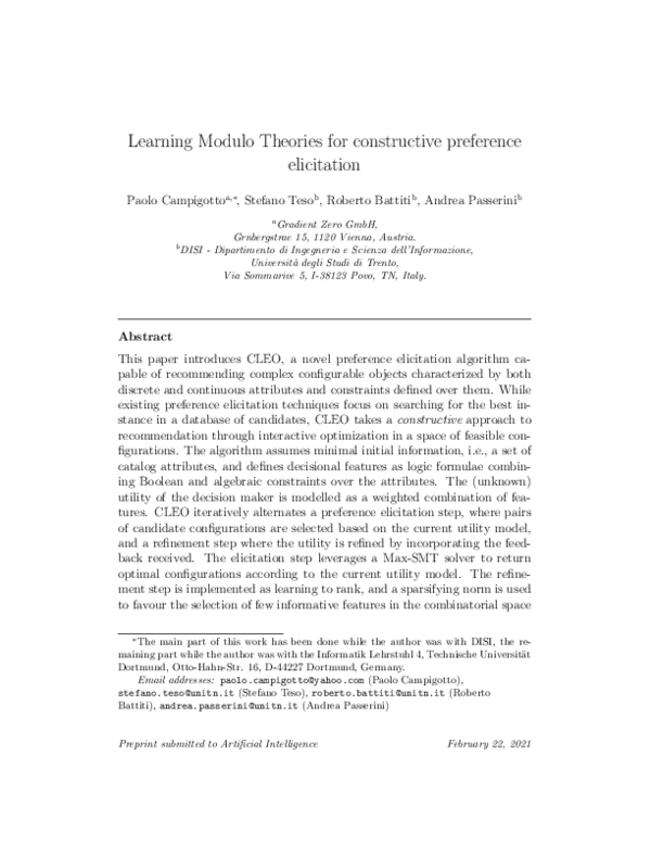 (PDF) Learning Modulo Theories for constructive preference elicitation