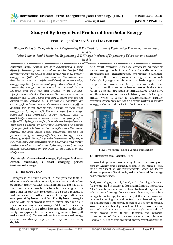 (PDF) Study of Hydrogen Fuel Produced from Solar Energy