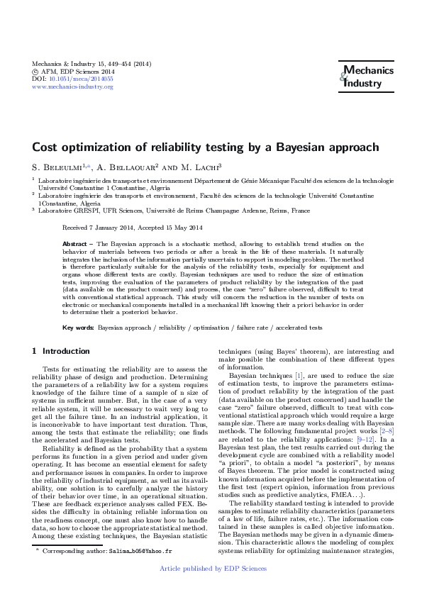 (PDF) Cost optimization of reliability testing by a bayesian approach