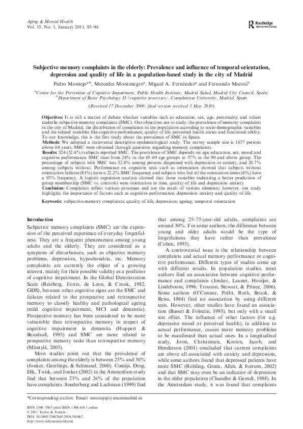 (PDF) Subjective memory complaints in the elderly: Prevalence and ...