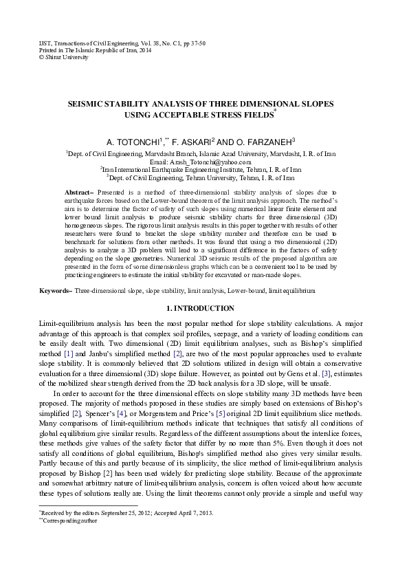 (PDF) Seismic Stability Analysis of Three Dimensional Slopes Using ...