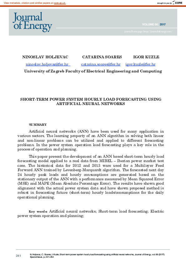 (PDF) Short-Term Power System Hourly Load Forecasting Using Artificial ...