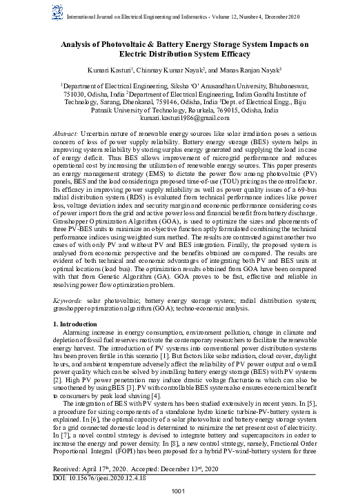 (PDF) Analysis of Photovoltaic Battery Energy Storage System Impacts on ...