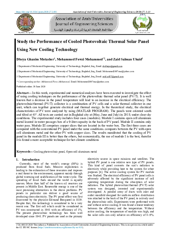 (PDF) Study the Performance of Cooled Photovoltaic Thermal Solar Panel ...