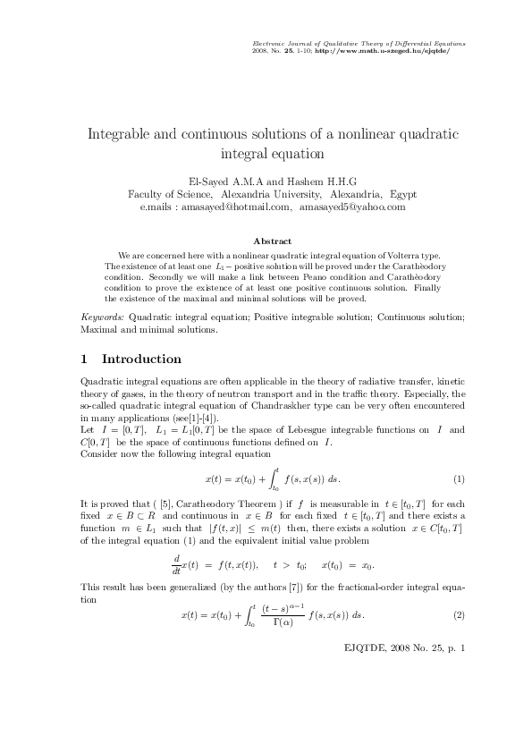 (PDF) Integrable and continuous solutions of a nonlinear quadratic ...