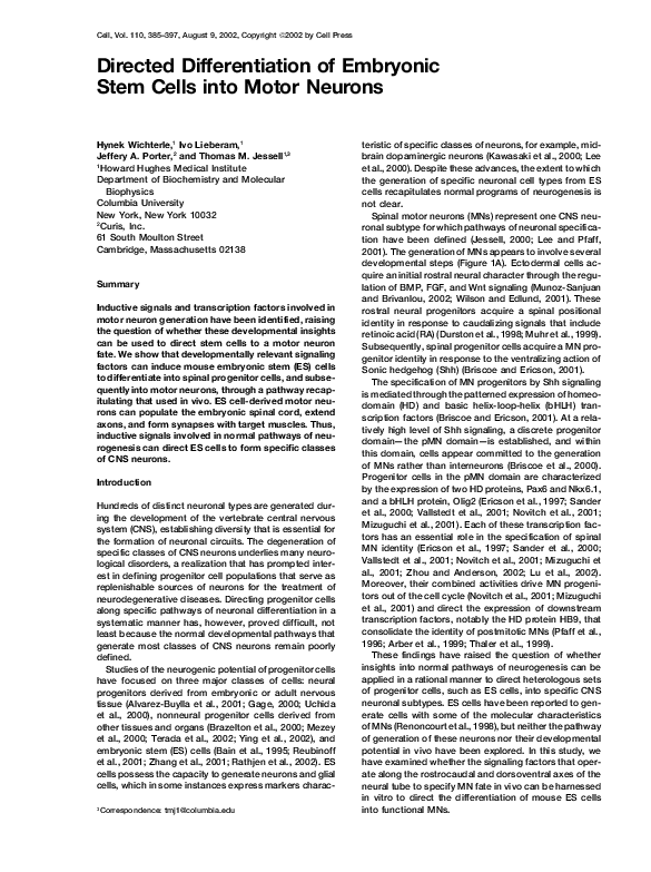 (PDF) Directed Differentiation of Embryonic Stem Cells into Motor Neurons