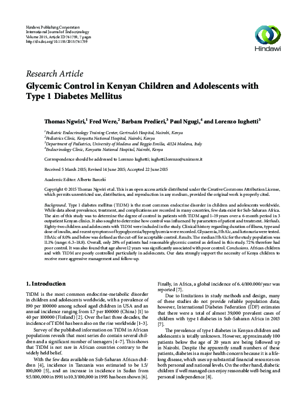(PDF) Glycemic Control in Kenyan Children and Adolescents with Type 1 ...