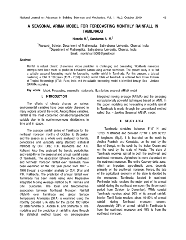 (PDF) A Seasonal Arima Model for Forecasting Monthly Rainfall in Tamilnadu