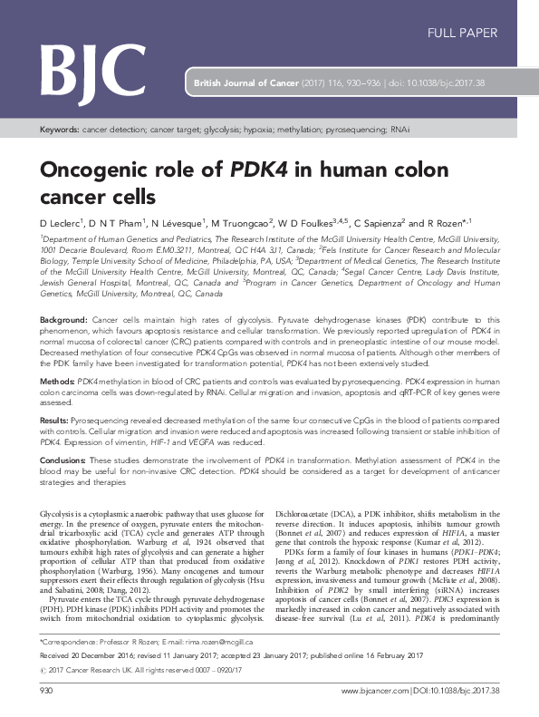 (PDF) Oncogenic role of PDK4 in human colon cancer cells