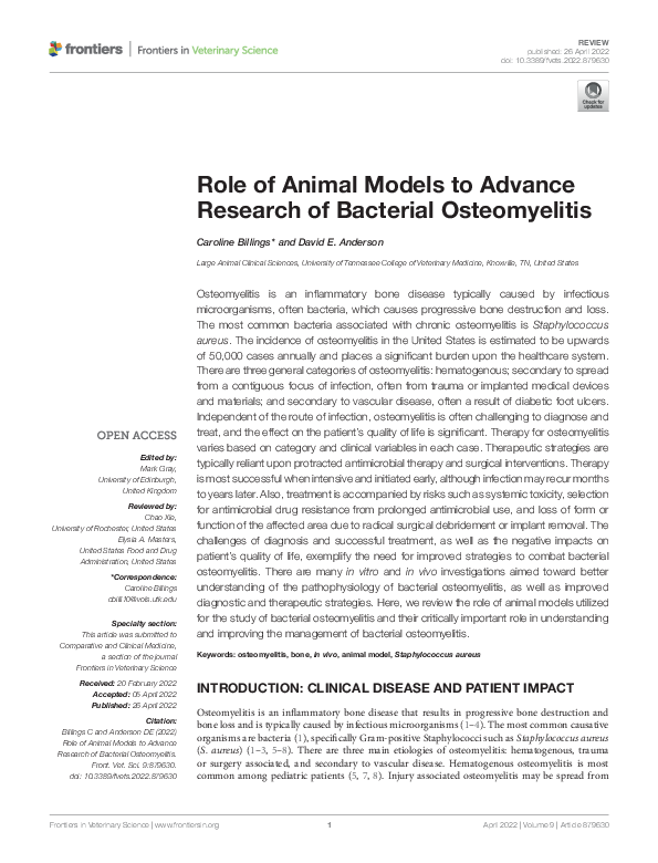 (PDF) Role of Animal Models to Advance Research of Bacterial Osteomyelitis