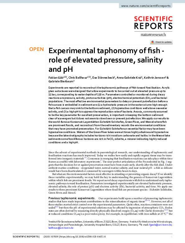 (PDF) Experimental taphonomy of fish - role of elevated pressure ...