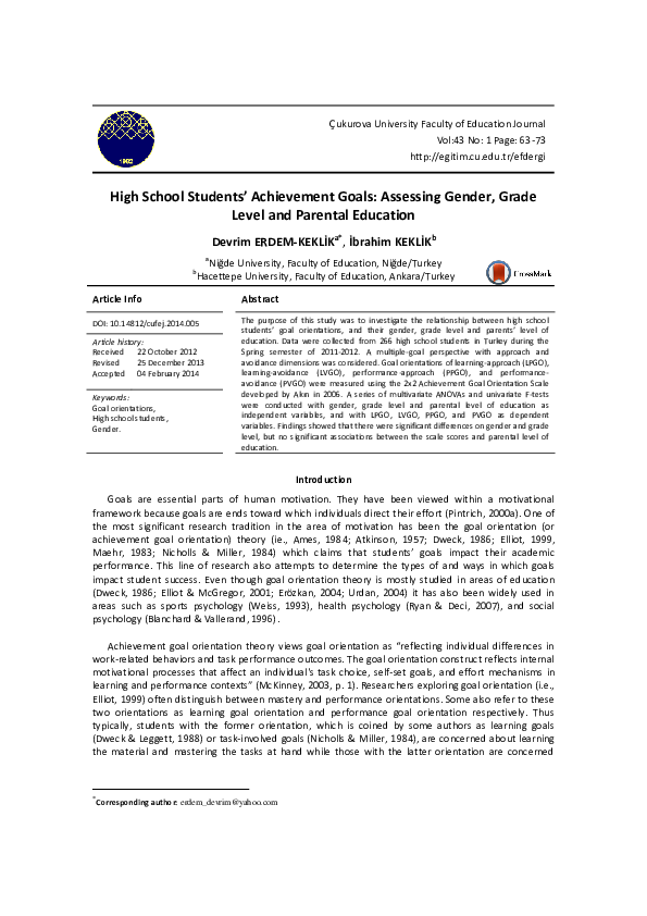 (PDF) High School Students’ Achievement Goals: Assessing Gender, Grade ...