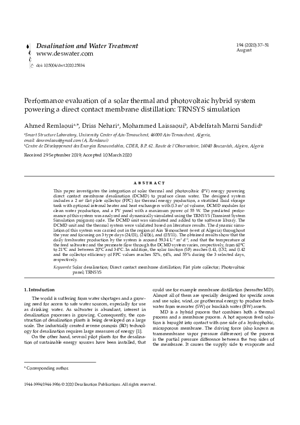 (PDF) Performance evaluation of a solar thermal and photovoltaic hybrid ...