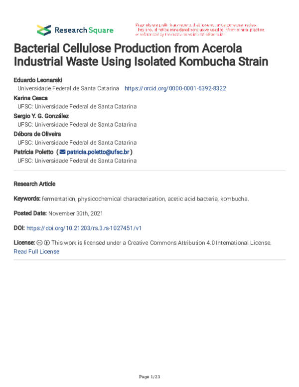 (PDF) Bacterial Cellulose Production from Acerola Industrial Waste ...