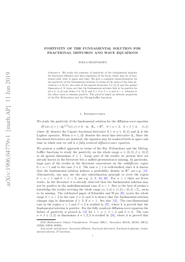 (PDF) Positivity of the fundamental solution for fractional diffusion ...
