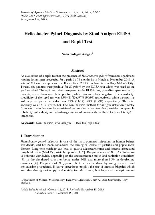 (PDF) Helicobacter Pylori Diagnosis by Stool Antigen ELISA and Rapid
