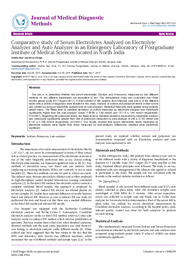 (PDF) Comparative study of Serum Electrolytes Analyzed on Electrolyte ...