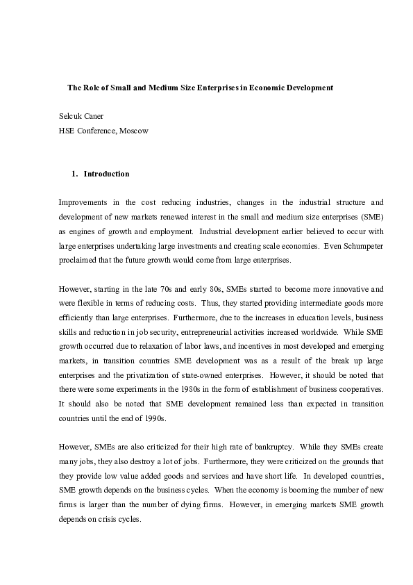 (PDF) The Role of Small and Medium Size Enterprises in Economic Development