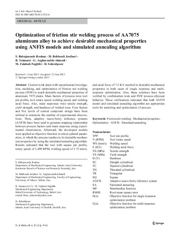 (PDF) Optimization of friction stir welding process of AA7075 aluminum ...