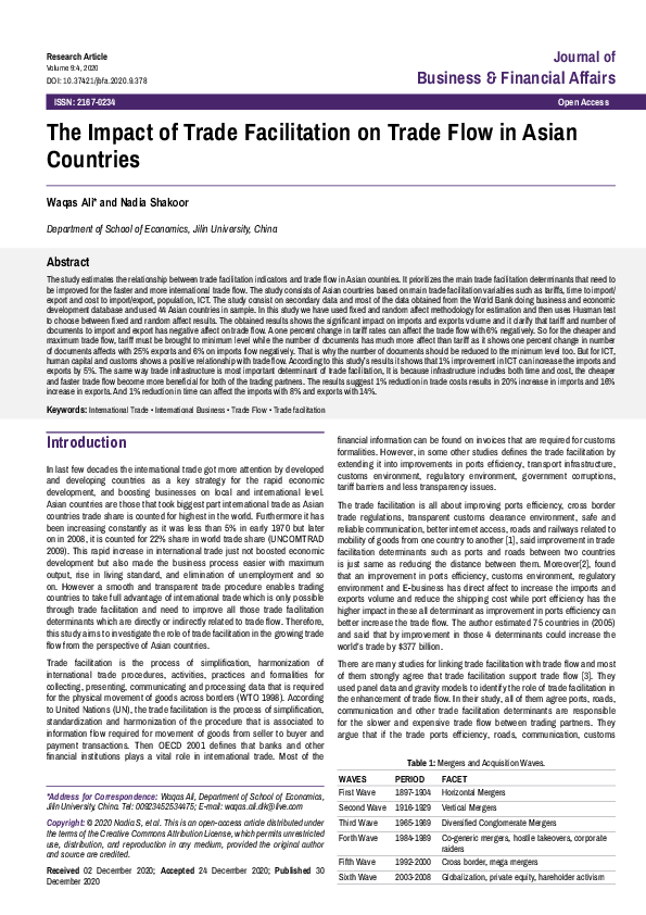 (PDF) The Impact of Trade Facilitation on Trade Flow in Asian Countries