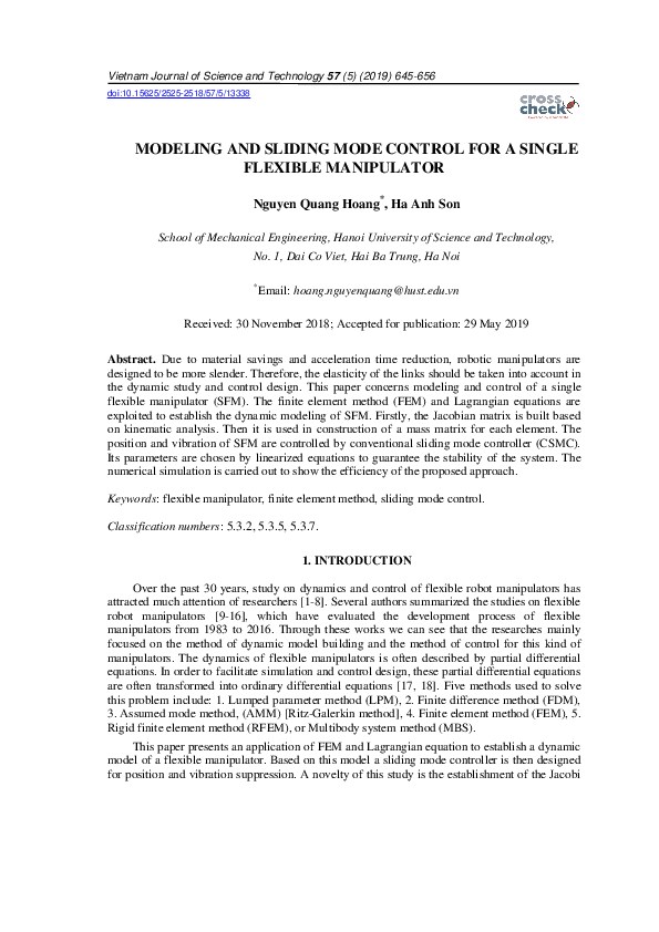 (PDF) Modeling and Sliding Mode Control for a Single Flexible Manipulator