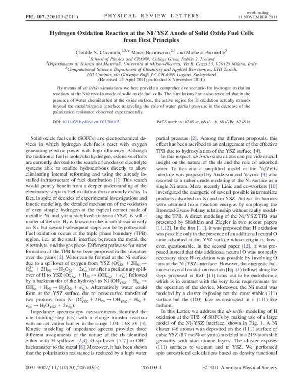 (PDF) Hydrogen Oxidation Reaction at the Ni/YSZ Anode of Solid Oxide ...