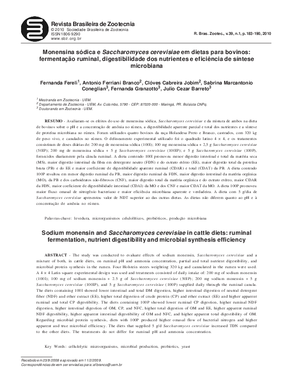 (PDF) Monensina sódica e Saccharomyces cerevisiae em dietas para ...