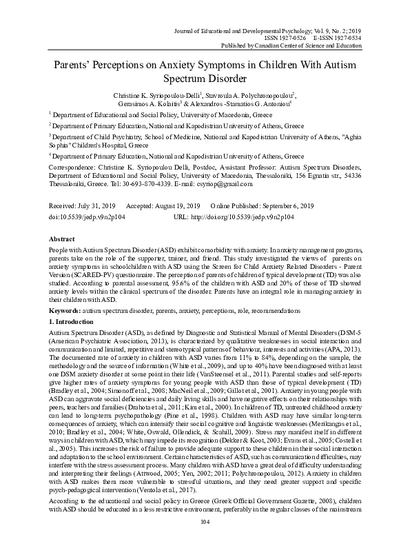 (PDF) Parents’ Perceptions on Anxiety Symptoms in Children With Autism ...