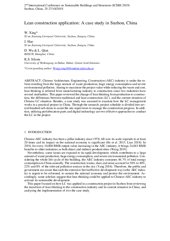 (PDF) Lean construction application: A case study in Suzhou, China
