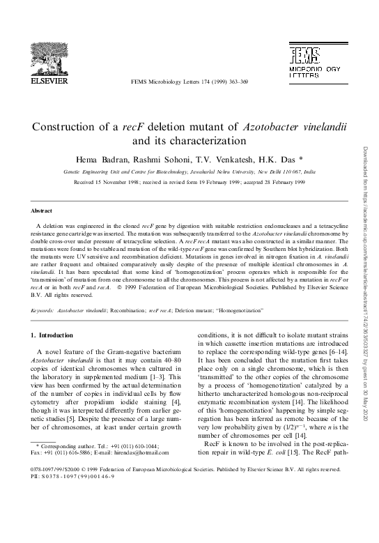 (PDF) Construction of a recF deletion mutant of Azotobacter vinelandii ...