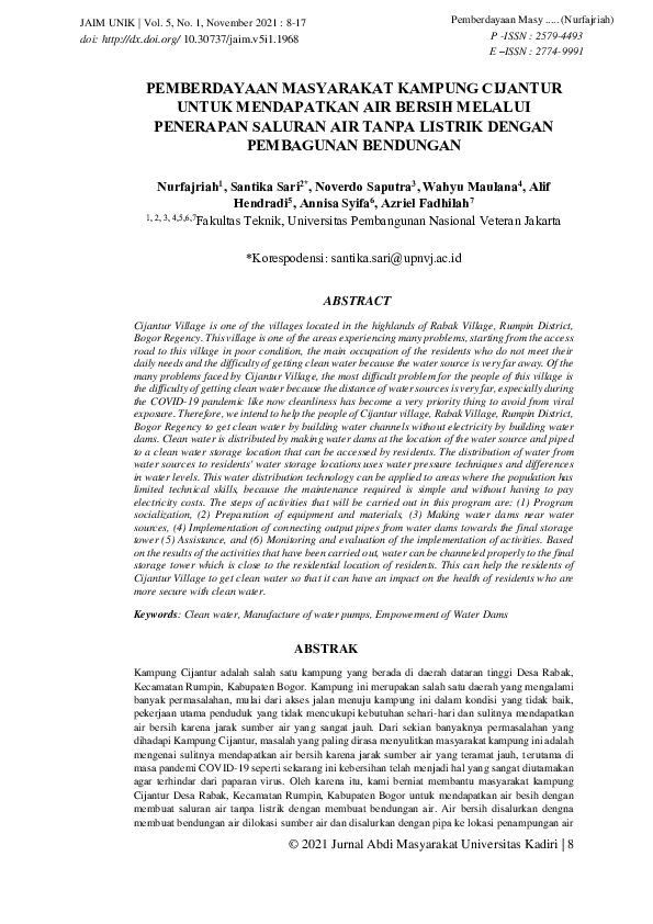 Pemberdayaan Masyarakat Kampung Cijantur Untuk Mendapatkan Air Bersih Melalui Penerapan Saluran Air Tanpa Listrik Dengan Pembagunan Bendungan