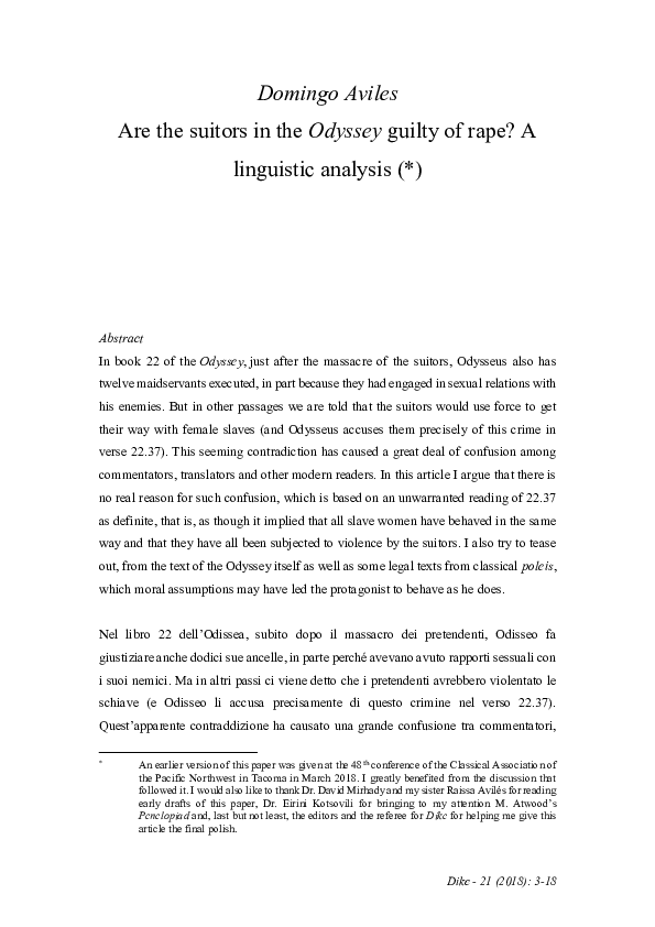(PDF) Are the suitors in the Odyssey guilty of rape? A linguistic analysis