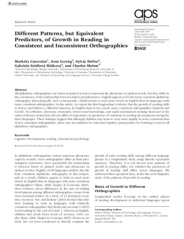 (PDF) Reading Growth: Consistent vs. Inconsistent Orthographies