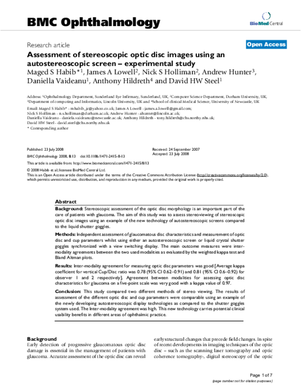 (PDF) Assessment of stereoscopic optic disc images using an autostereoscopic screen