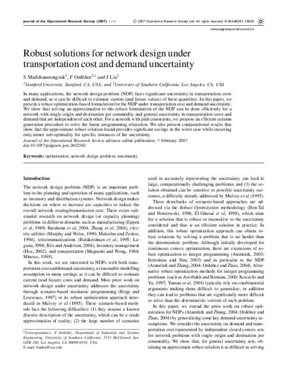 (PDF) Robust solutions for network design under transportation cost and ...