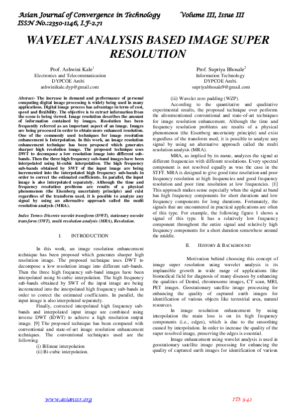(PDF) WAVELET ANALYSIS BASED IMAGE SUPER RESOLUTION Prof